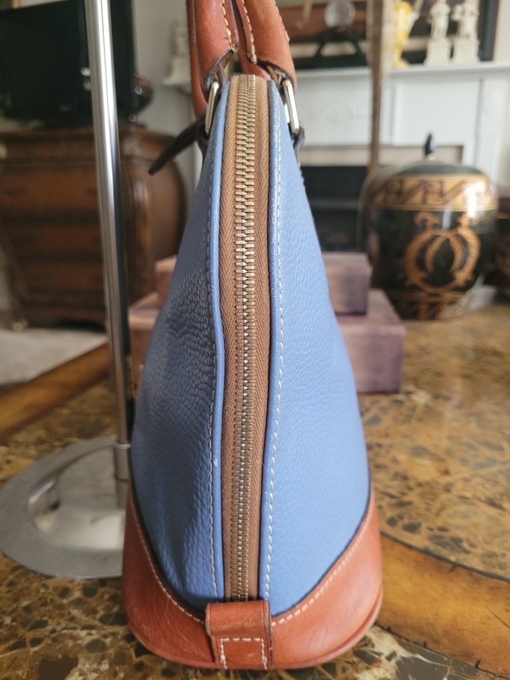 Dooney & Bourke Blue Leather Satchel with Brown Trim - Picture 3 of 11